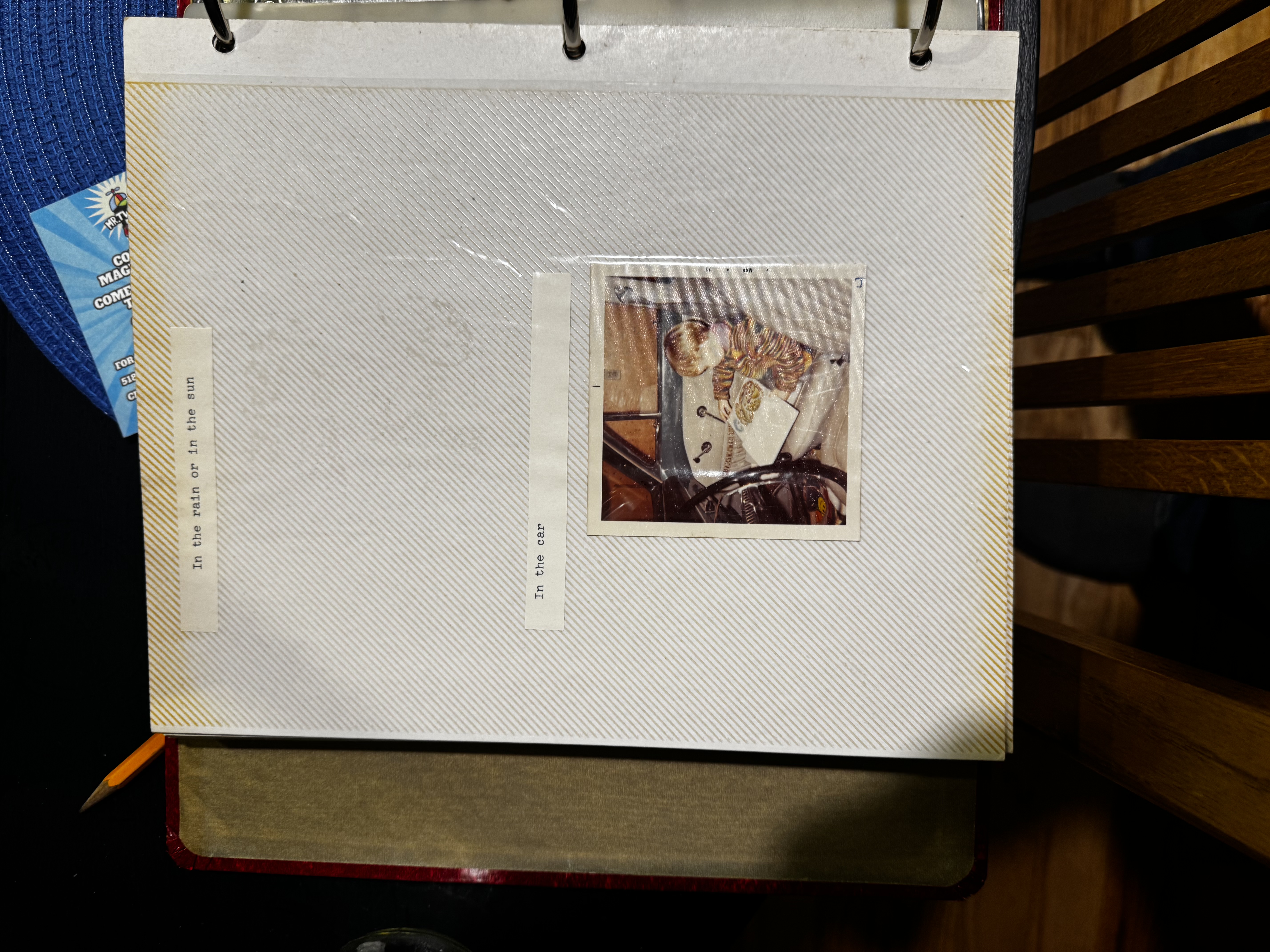 Scrapbook page: Chad reading in the family car.
