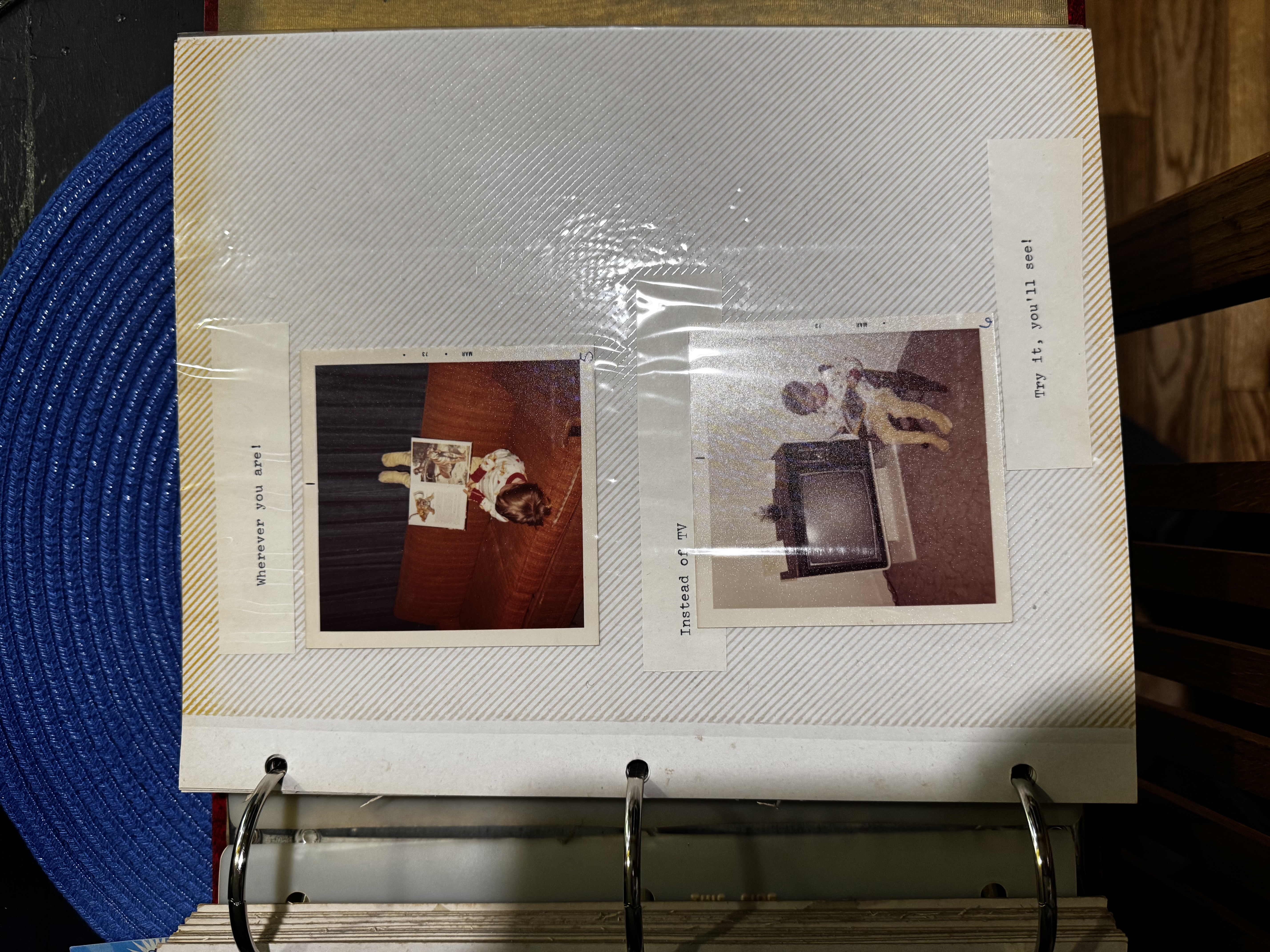 Scrapbook page: Chad reading on the floor with a stuffed animal, and reading in front of a TV.