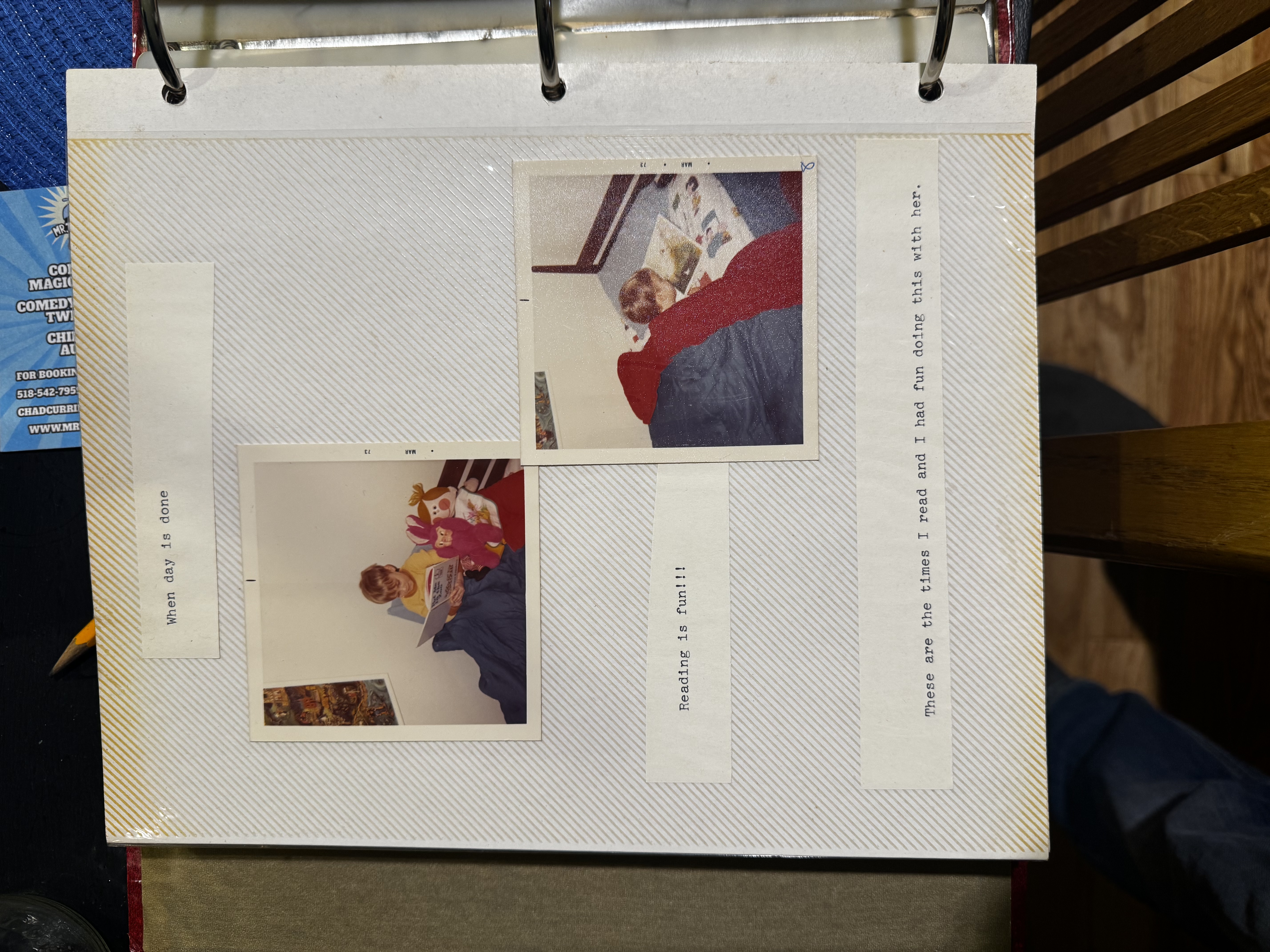 The final scrapbook page: young Chad reading in bed, and reading with his mom. Captions read 'When day is done. Reading is fun!! These are times I read and I had fun doing this with her.'